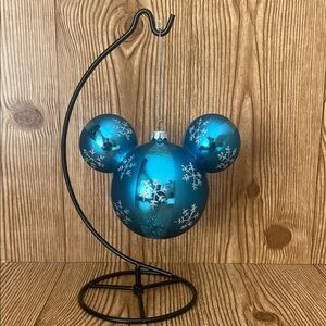 EUC Disney Parks Striped Blue Snowflake Glass Holiday Mickey Icon Ornament